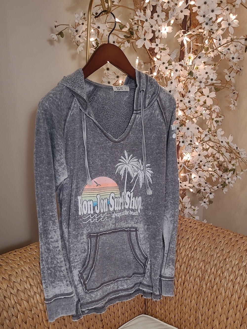 Ron Jon Heavily Distressed Gray Hoodie with Sunset Graphic